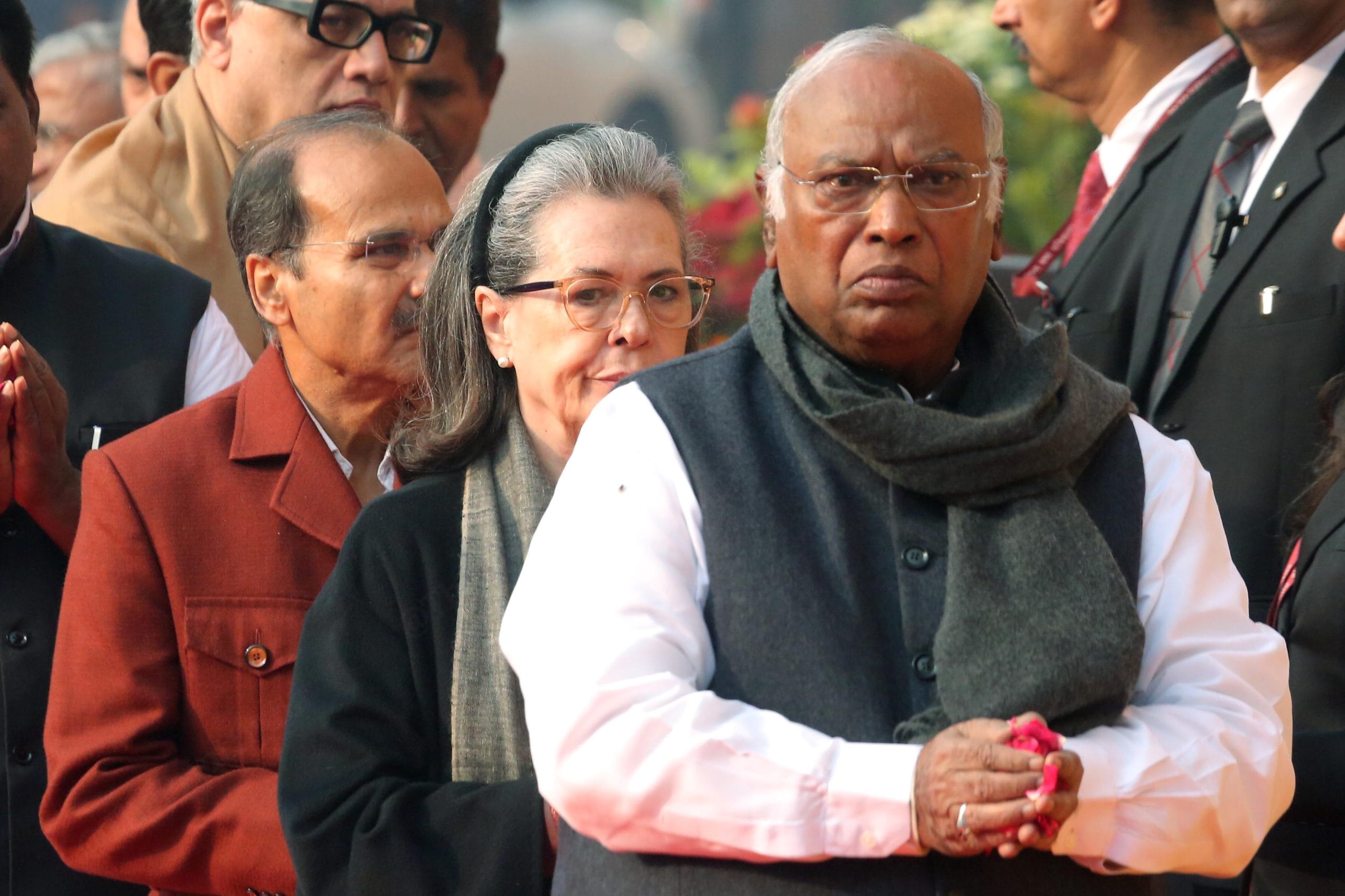 Congress President Mallikarjun Kharge, Congress leader Sonia Gandhi and Adhir Ranjan Chowdhury pays floral tribute to the martyrs who lost their lives in the 2001 Parliament attack | Praveen Jain | ThePrint