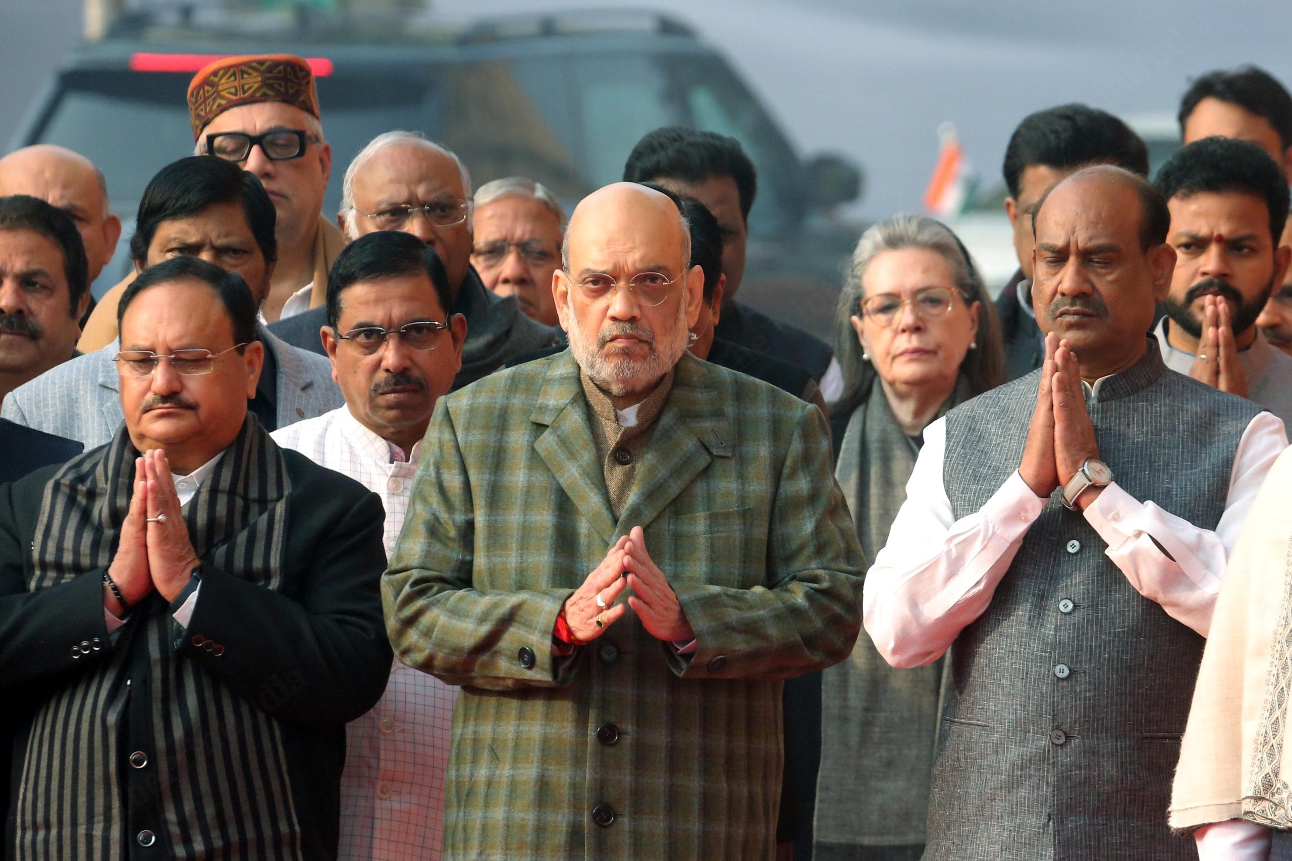 Lok Sabha Speaker Om Birla, Union Home Minister Amit Shah, BJP National President JP Nadda and Congress leader Sonia Gandhi during a tribute ceremony to pay homage to those who lost their lives in the 2001 Parliament attack | Praveen Jain | ThePrint