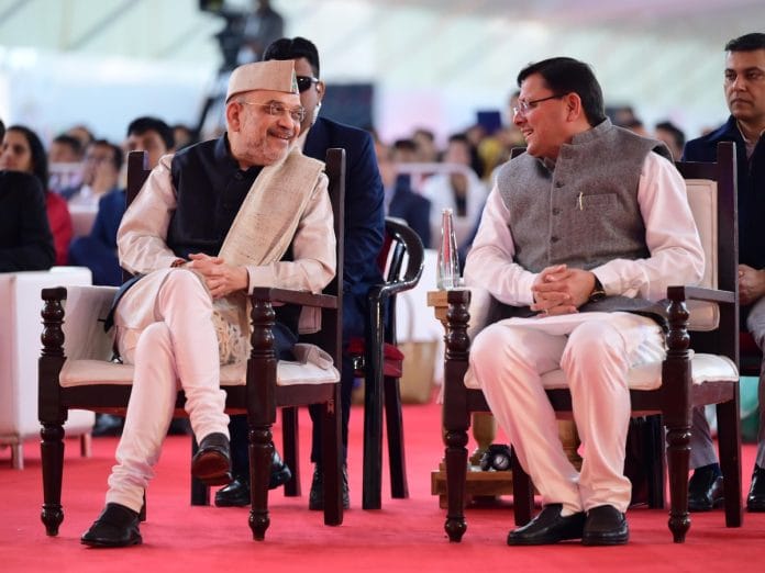 Union Home Minister Amit Shah with Uttarakhand Chief Minister Pushkar Singh Dhami during closing ceremony of investment summit, Saturday | By special arrangement