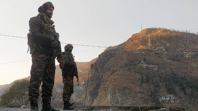 Security personnel have been deployed in Poonch district as a search operation is under way to nab terrorists following the killing of four army soldiers Thursday | Photo: ANI