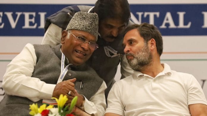 Congress President Mallikarjun Kharge and party leader Rahul Gandhi during the INDIA Alliance meeting in New Delhi, on 19 Dec 2023 | Manisha Mondal | ThePrint
