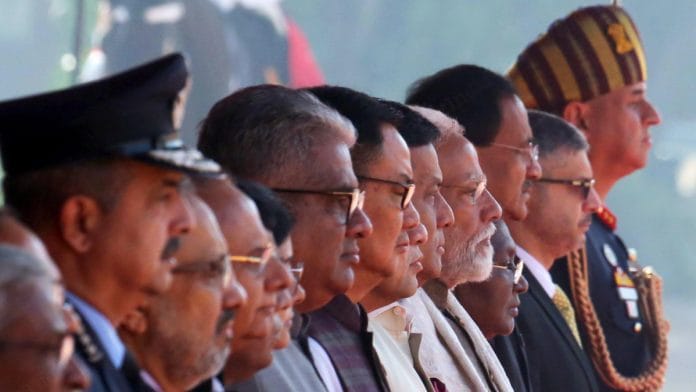 Prime Minister Narendra Modi with his cabinet colleagues during the ceremonial welcome at Rashtrapati Bhavan | Praveen Jain | ThePrint