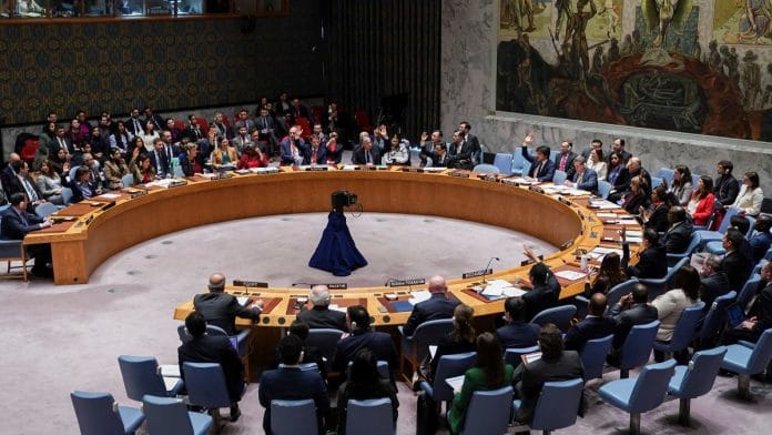 Members of the UNSC vote on a proposal to demand that Israel and Hamas allow aid access to the Gaza Strip, during a meeting at the UN headquarters in New York, on 22 Dec 2023 | Reuters