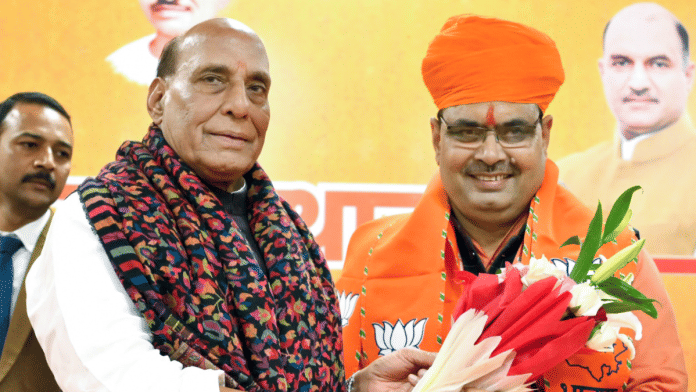 Rajasthan Bharatiya Janata Party (BJP) central observer Rajnath Singh (left) felicitates the state's next CM Bhajanlal Sharma | ANI