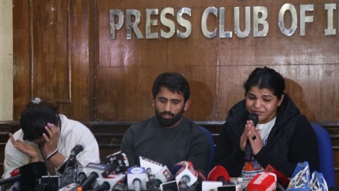 Sakshee Mallikh, Bajrang Punia and Vinesh Phogat at Thursday's conference | Manisha Mondal/ThePrint