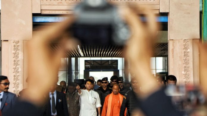 Yogi Adityanath and Jyotiaditya Scindia visit the under-construction airport | Photo: Manisha Mondal/ThePrint