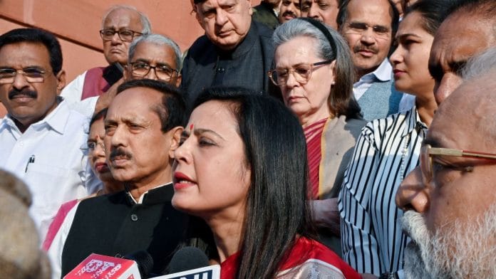 Mahua Moitra addresses the press outside the Parliament | ANI Photo