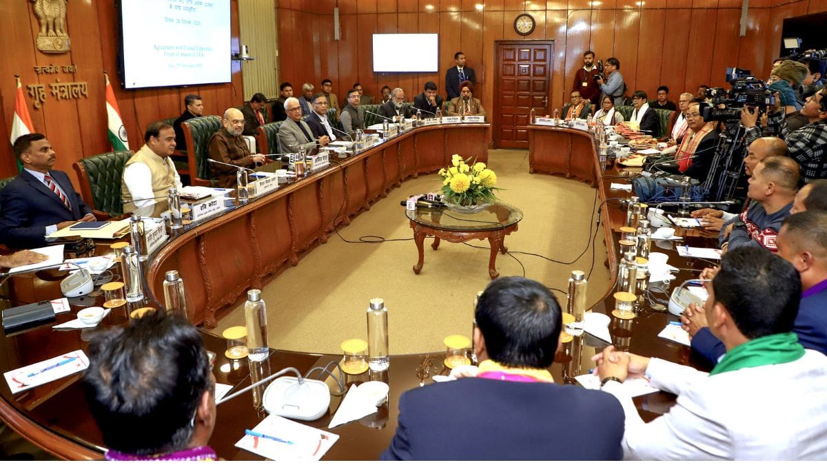 Union Home Minister Amit Shah, Assam CM Himanta Biswa Sarma, Union Home Secretary Ajay Kumar Bhalla and other dignitaries during the United Liberation Front of Assam (ULFA)'s pro-talks faction's signing of a tripartite Memorandum of Settlement with the Centre and the Assam government, in New Delhi on Friday | ANI