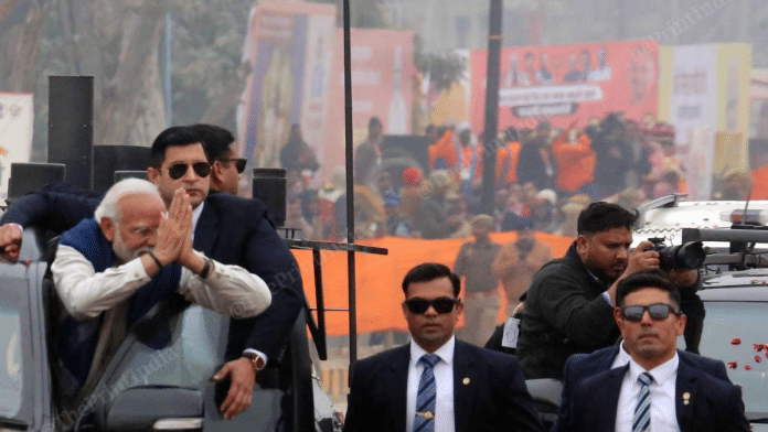 Prime Minister Narendra Modi at a roadshow before the public meeting in Ayodhya | Praveen Jain | ThePrint