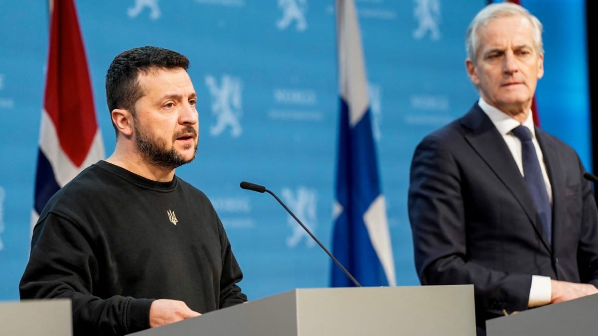 Ukraine's President Zelenskyy with Norwegian PM in Oslo, Dec 13, 2023. NTB/Cornelius Poppe via Reuters