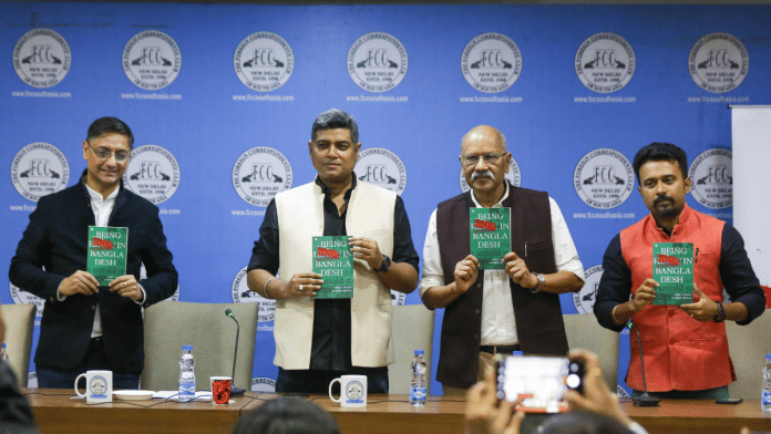 (From L-R) Writer and economist Sanjeev Sanyal, author Deep Haldar, ThePrint's editor-in-chief Shekhar Gupta and author Avishek Biswas at the book launch Monday | Suraj Singh Bisht | ThePrint