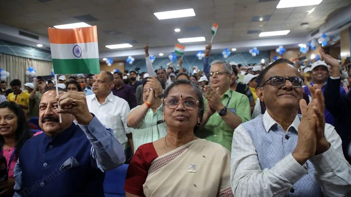 Minister of State and Technology Jitendra Singh (left) and others celebrate as Chandrayaan-3 successfully makes a soft landing on the lunar south pole | ThePrint Photo by Suraj Singh Bisht