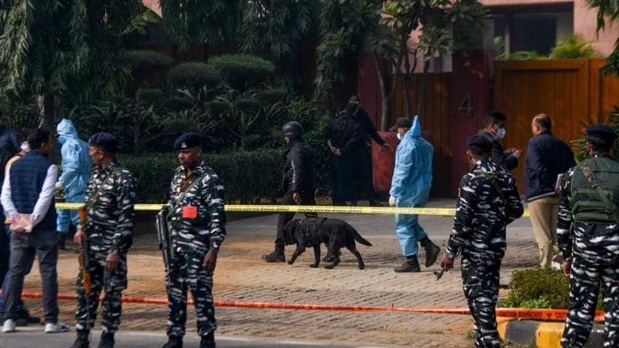 File photo of investigation outside the Israel embassy after the 'low-intensity blast' in New Delhi | ANI