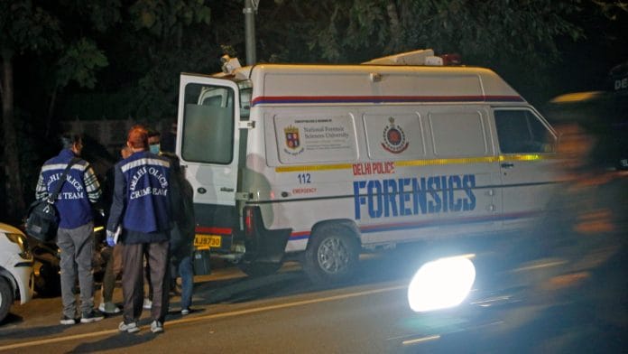 elhi Police Forensics team near the Israel Embassy to hold a probe after a call was received about a blast, in New Delhi on Tuesday, 26 December 2023 | ANI