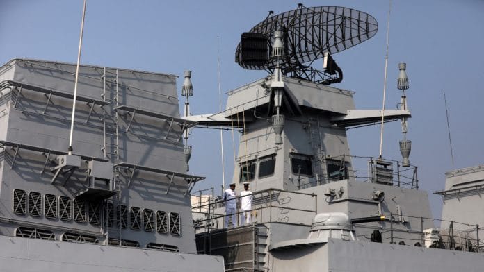 File Photo: Indian Navy officers stand on the deck of INS Mormugao, a stealth guided-missile destroyer ship of Project 15B, during its commissioning ceremony, in Mumbai, India, December 18, 2022 | Reuters