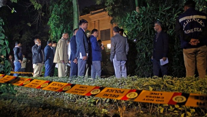 The Delhi Police Crime Unit team and forensics team near the Israel Embassy to hold a probe after a call was received about a blast, in New Delhi on Tuesday. 26 December 2023 | ANI