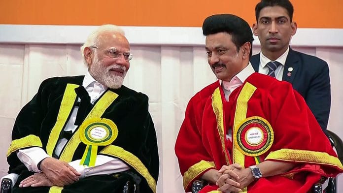 PM Narendra Modi with Tamil Nadu CM M.K. Stalin during the convocation ceremony of Bharathidasan University in Tiruchirappalli Tuesday | ANI
