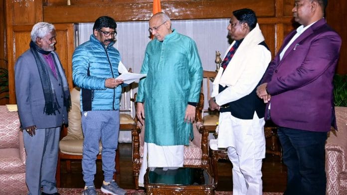 Hemant Soren tenders his resignation as Jharkhand CM to Governor C.P. Radhakrishnan in the presence of the newly elected CM, Champai Soren, at Raj Bhawan in Ranchi Wednesday. State minister Alamgir Alam is also seen | ANI