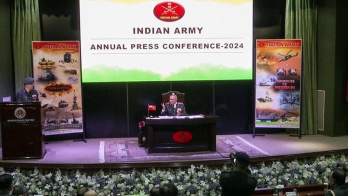 Army chief Gen Manoj Pande addressing annual press conference at Manekshaw Centre in New Delhi, Thursday | ANI