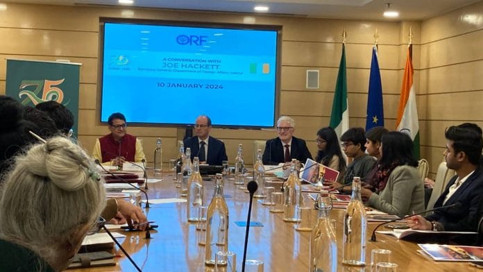 Irish foreign secretary Joe Hackett with ambassador of Ireland to India Kevin Kelly and vice-president, Studies and Foreign Policy, at Observer Research Foundation, Harsh V. Pant, at Wednesday's event | Photo: Keshav Padmanabhan/ThePrint