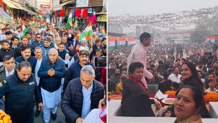 Bhupinder Singh Hooda (L) during launch of 'Ghar Ghar Congress' yatra in Jind, Monday; Kumari Selja and Kiran Choudhry (R) during launch of 'Congress Sandesh Yatra' in Hisar, Wednesday | By special arrangement