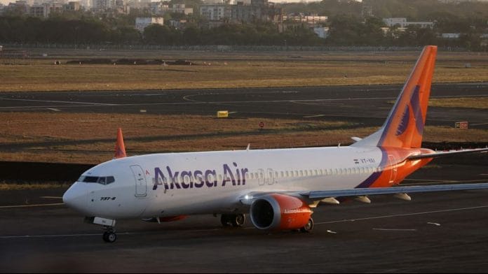 An Akasa Air passenger aircraft taxis on the tarmac at Chhatrapati Shivaji International Airport in Mumbai | Reuters