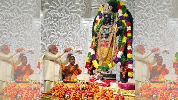 Prime Minister Narendra Modi leads the rituals during the 'Pran Pratishtha' ceremony in the sanctum sanctorum of the Ram Janmabhoomi Temple, in Ayodhya on Monday | ANI Photo