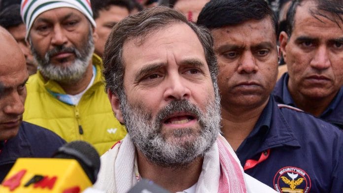 Congress leader Rahul Gandhi speaks with the media during the 'Bharat Jodo Nyay Yatra', at Haibaragaon in Nagaon district, Assam, on 22 Jan 2024 | PTI
