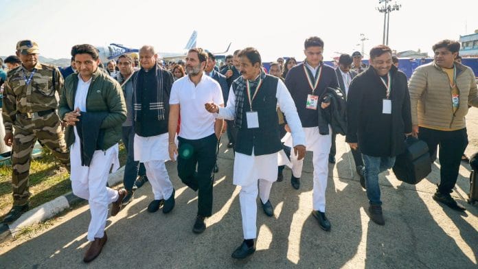 Congress leaders Rahul Gandhi, Ashok Gehlot, Sachin Pilot, KC Venugopal, Deepender Singh Hooda and others upon their arrival in Imphal ahead of the ‘Bharat Jodo Nyay Yatra’ | PTI