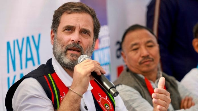 Congress leader Rahul Gandhi addresses a press conference during the Bharat Jodo Nyay Yatra, at Chiephobozou near Kohima | PTI