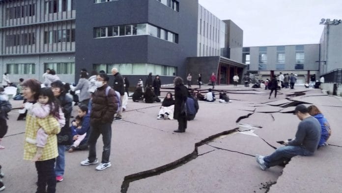 Road cracks caused by an earthquake is seen in Wajima, Ishikawa prefecture, Japan January 1, 2024 | Mandatory credit Kyodo via Reuters