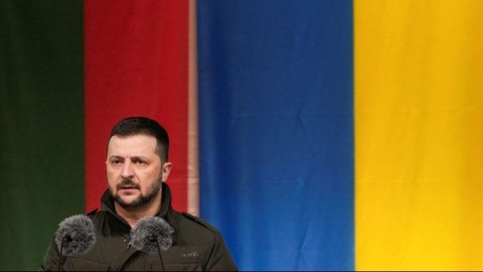 Ukraine's President Volodymyr Zelenskiy addresses people in Vilnius, Lithuania | Reuters