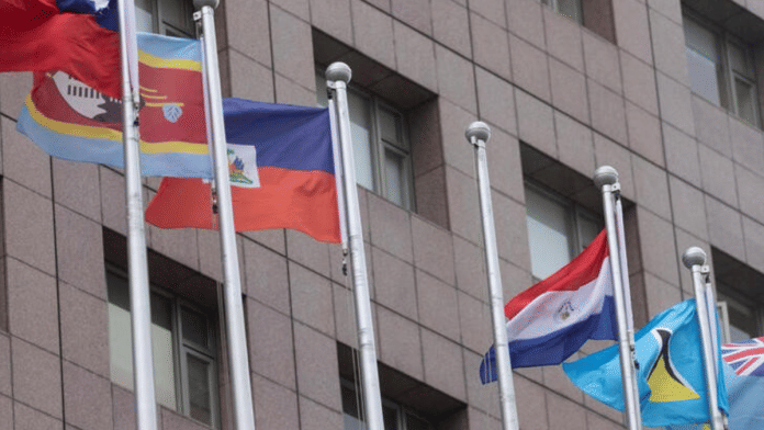 An empty flag pole where Nauru's flag used to fly is pictured next to flags of other countries at the Diplomatic Quarter which houses embassies in Taipei, Taiwan | Reuters