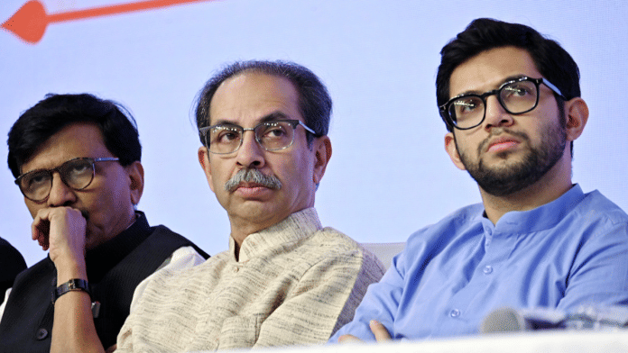 Shiv Sena (Uddhav Balasaheb Thackeray) Chief Uddhav Thackeray with party leaders Sanjay Raut and Aaditya Thackeray during the 'Janata Nyayalaya' in Mumbai | ANI