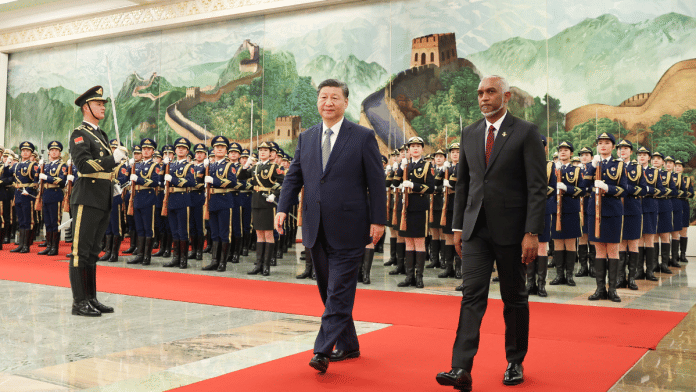 Chinese President Xi Jinping and Maldivian President Mohamed Muizzu attend a welcome ceremony at the Great Hall of the People in Beijing | Reuters File