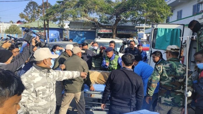 Injured Manipur Police personnel and body of deceased Indian Reserve Battalion personnel being brought to Regional Institute of Medical Sciences, Imphal.