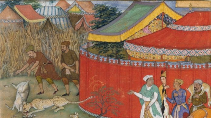 Hamid Bhakari Punished by Akbar (Folio from a Manuscript of the Akbarnama, Folio from the Davis Album), Manohar, India, c. 1604, Ink, opaque watercolour and gold on paper, 33.3 x 21 cm | Image courtesy of The Metropolitan Museum of Art