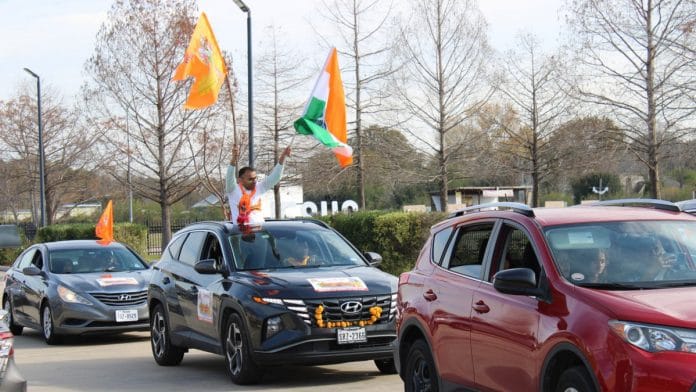 Members of the Hindu American community during a religious procession in view of the consecration of teh Ram Temple in Ayodhya on 7 January, 2024, Houston, USA | PTI