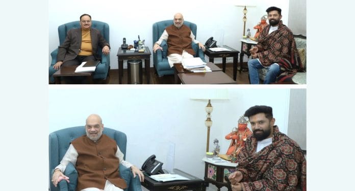 Lok Janshakti Party (Ram Vilas) chief Chirag Paswan with Union Home Minister Amit Shah and Bharatiya Janata Party (BJP) national president J.P. Nadda | Image via X/@iChiragPaswan