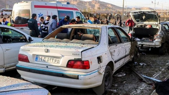 People gather at the scene of explosions during a ceremony held to mark the death of late Iranian General Qassem Soleimani, in Kerman, Iran, on 3 January | Majid Asgaripour/WANA (West Asia News Agency) via REUTERS