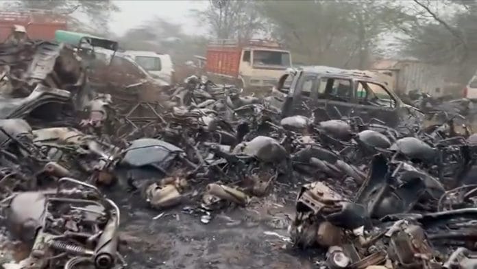 Screengrab from video showing charred vehicles after massive fire at Wazirabad Delhi police yard | X (formerly Twitter) /@ANI