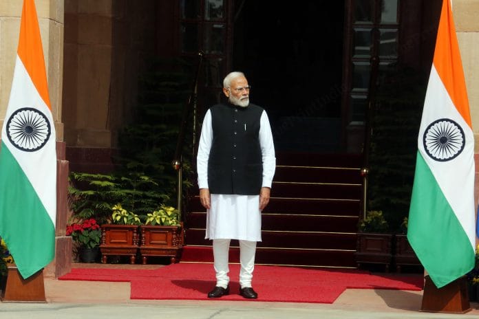 Prime Minister Narendra Modi waiting for Prime Minister of Greece Kyriakos Mitsotakis at Hyderabad House | Praveen Jain | ThePrint