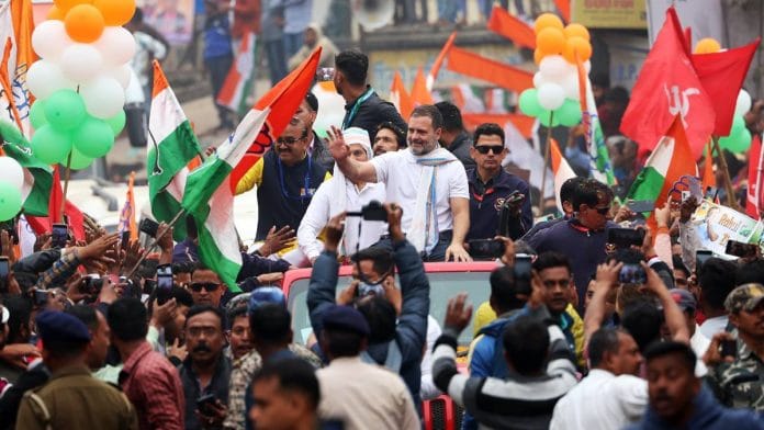 Congress leader Rahul Gandhi waves to supporters as he leads the party’s Bharat Jodo Nyay Yatra in Murshidabad Thursday | Photo: ANI
