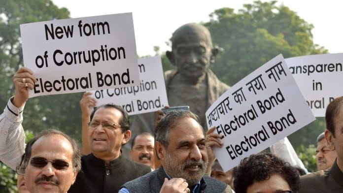 File photo of a protest against the electoral bond scheme in 2019 | Photo: ANI