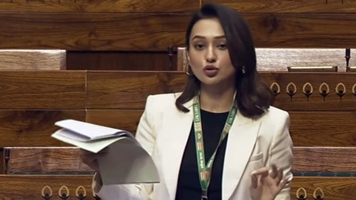 TMC MP Mimi Chakraborty speaks in the Lok Sabha during the Winter Session of the Parliament, in New Delhi | File Photo: ANI Photo/Sansad TV