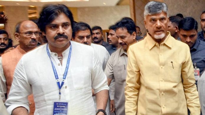 File photo: Andhra Pradesh's Deputy CM and JSP chief Pawan Kalyan (left) with CM and TDP president N. Chandrababu Naidu (right) | ANI