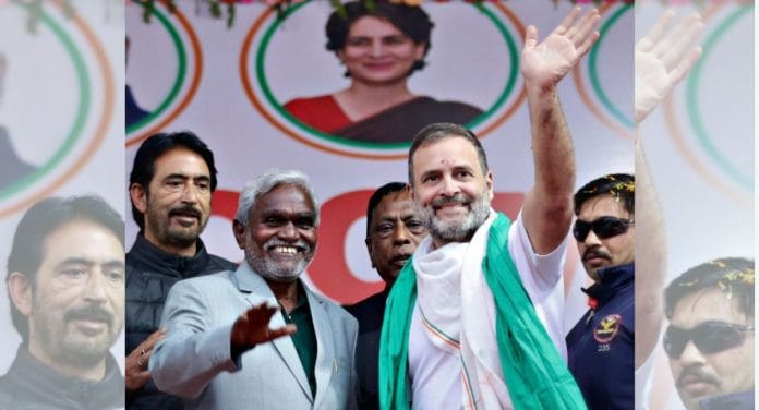 Congress leader Rahul Gandhi with the newly sworn-in Jharkhand CM Champai Soren during the 'Bharat Jodo Nyay Yatra', in Pakur district | PTI
