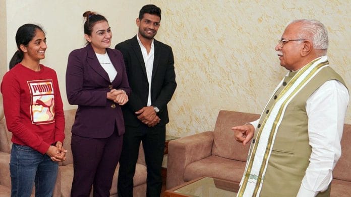 File photo of a meeting of Haryana Chief Minister Manohar Lal Khattar with Saweety Boora (second from left) | Photo: ANI