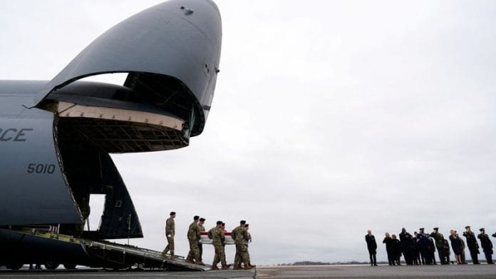 US President Joe Biden, First Lady Jill Biden, Defence Secretary Lloyd Austin and Chairman of the Joint Chiefs of Staff and Air Force General Charles Q. Brown attend the dignified transfer of the remains of the three US service members who were killed in Jordan during a drone attack carried out by Iran-backed militants | Reuters