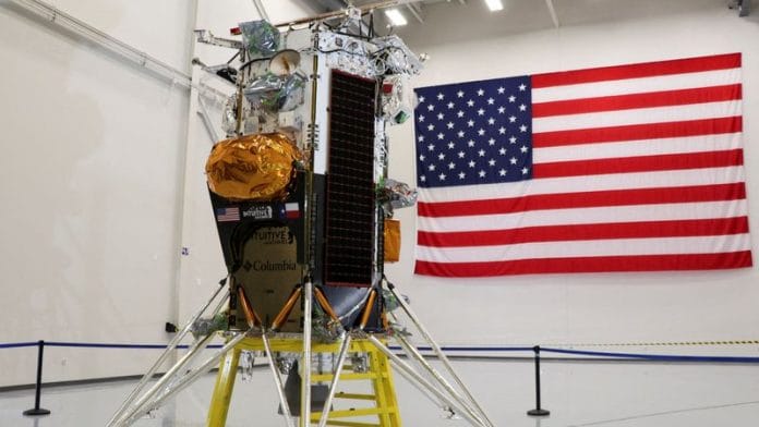 The Nova-C lunar lander designed by aerospace company Intuitive Machines is displayed at the company's headquarters in Houston, Texas, U.S., October 3, 2023. REUTERS/Evan Garcia/File Photo
